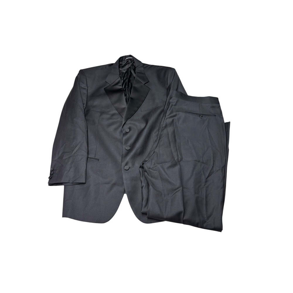Issimo Mens 100% Virgin Wool Tuxedo Suit 2Pc Black Herringbone Made in Italy 46R
